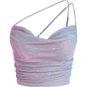 CIDER Glitter Ruched Cowl Neck Tank Crop Top