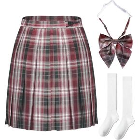 Women Teengirls Short Plaid Pleated Skirts with Bowtie Japanese Uniform Mini Skirt Anime Outfit Cute Kawaii