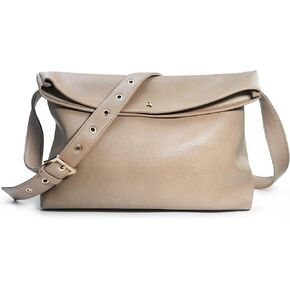 HOXIS Messenger Bag for Women Crossbody Purse Vegan Leather Foldover Shoulder Handbag (Nude)
