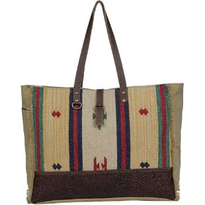 Myra Bag Western Canvas Weekender Bag for Women - Upcycled Leather Big Shoulder Bag Dependable