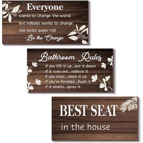 3 Pieces Brown Bathroom Decor Bathroom Rules Wall Art Brown Bathroom Accessories Best Seat in The House Funny Rustic Farmhouse Wooden Sign for Bathroom Toilet Wall Decor (Brown 10x5 Inch)
