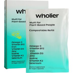 wholier Plant Based Multivitamin Vegan Omega-3 DHA EPA, Vitamin D, Vitamin B12, Zinc, Vitamin K2, Iron, Iodine, Selenium. 60 Count (30-Day Supply) Glass Bottle