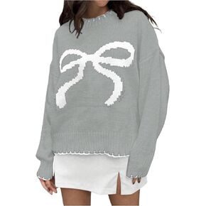 Women's Bow Graphic Long Sleeve Knitted Sweater Round Neck Drop Shoulder Pullover Sweaters