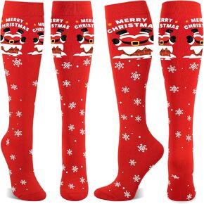 2 Pairs Christmas Socks, Chirstmas Compression Socks for Women Wide Calf 15-20 Mmhg, Santa Xmas Knee High Socks Girl