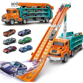 Toddler Car Truck Toys,Car Carrier Truck Toys for Kids Age 3-5 4-8,Foldable Car Track Sets with 2.8-Ft Race Track and 6 Die-Cast Race Cars, Truck Toys Gifts for 3 4 5 6 7 8+ Year Old Boys Girls(Green)