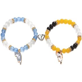 XAM 2Pcs Cat Couple Friendship Bracelet Kawaii Kitten Bead Bracelet Cute Heart Matching Bracelets Y2k Cat Bracelets Animal Charm Bracelets BFF Relationship Jewelry Gifts