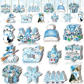 Sintuff 36 Winter Decoration Winter Wooden Ornaments for Tree Cat Penguin Snowflake Snowman Gnome Pine Tree Truck Blue Hanging Decoration Set Christmas Tree Decorations for Winter Party Supplies
