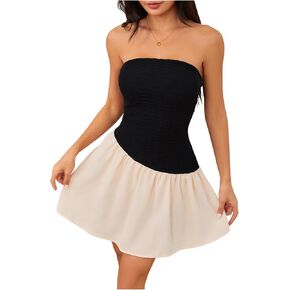 MakeMeChic Women's Textured Bandeau Tube Dress Color Block Ruffle Hem Bodycon Cocktail Dresses