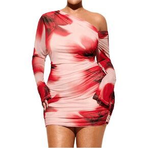Floerns Women's Plus Size Tie Dye Asymmetrical Neck Mini Dress Flare Long Sleeve Pencil Dresses