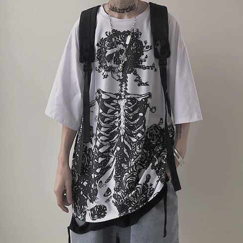 Men Women Y2K Gothic Skeleton T-Shirt Grunge Dark Academia Emo Tees Japanese Alt Harajuku Oversize Punk Skull Clothes in Saudi Arabia