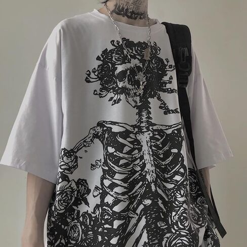 Men Women Y2K Gothic Skeleton T-Shirt Grunge Dark Academia Emo Tees Japanese Alt Harajuku Oversize Punk Skull Clothes in Saudi Arabia