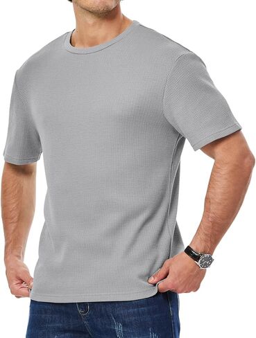 JMIERR Mens T Shirt Casual Solid Color Cotton Crewneck Stretch Short Sleeve Waffle Knit Tees in Kuwait
