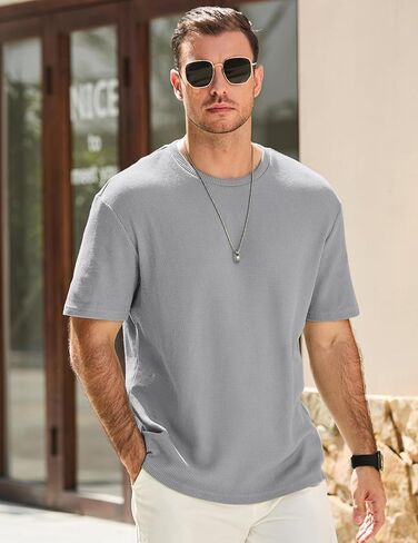 JMIERR Mens T Shirt Casual Solid Color Cotton Crewneck Stretch Short Sleeve Waffle Knit Tees in Kuwait