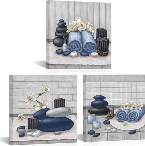 RnnJoile Spa Canvas Wall Art Zen Stone Orchid Picture Painting Navy Blue Still Life Prints for Bathroom Zen Meditation Room Decor Framed 12"x12" for Each in Kuwait