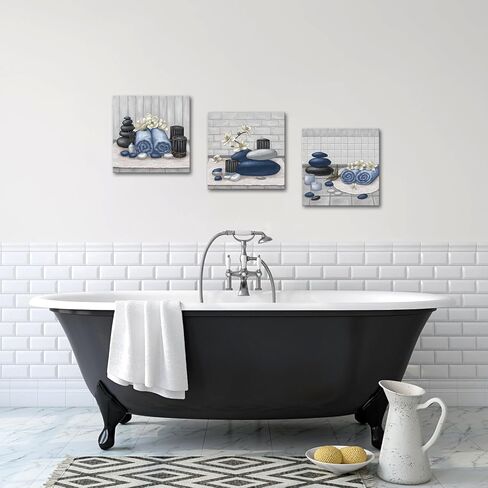 RnnJoile Spa Canvas Wall Art Zen Stone Orchid Picture Painting Navy Blue Still Life Prints for Bathroom Zen Meditation Room Decor Framed 12"x12" for Each in Kuwait