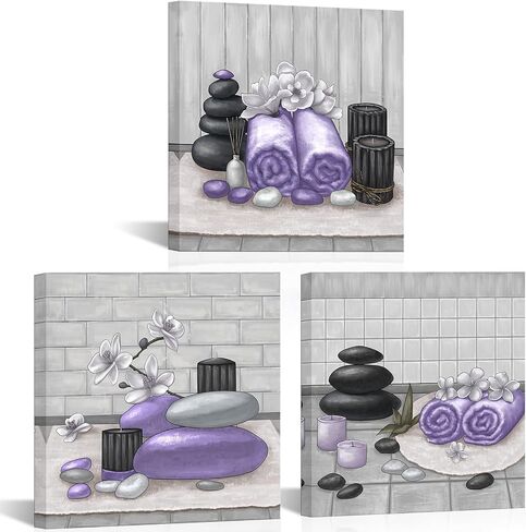 RnnJoile Spa Canvas Wall Art Zen Stone Orchid Picture Painting Navy Blue Still Life Prints for Bathroom Zen Meditation Room Decor Framed 12"x12" for Each in Kuwait