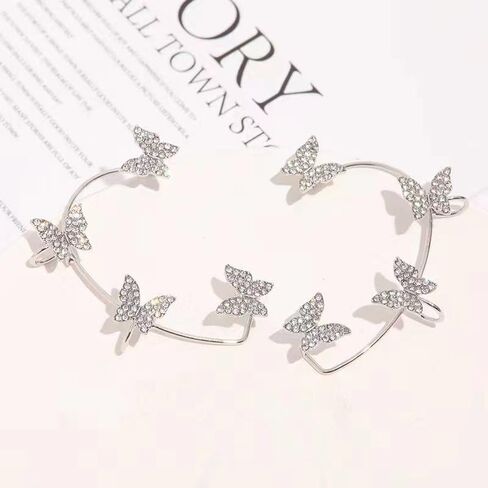 Butterfly Ear Clips for Women Rhinestone Butterfly Ear Wrap Gold/Silver No Piercing Ear Clips Shiny Bride Wedding Butterfly Ear Clips Cuff Clip On Earrings in Saudi Arabia