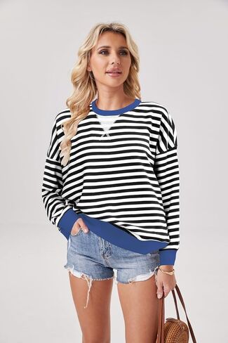 المرأة شريطية المتضخم بلوزات Crewneck كم طويل البلوز اللون كتلة Y2K القمصان in Kuwait