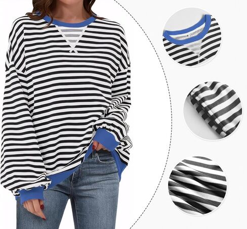 المرأة شريطية المتضخم بلوزات Crewneck كم طويل البلوز اللون كتلة Y2K القمصان in Kuwait