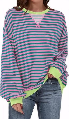 المرأة شريطية المتضخم بلوزات Crewneck كم طويل البلوز اللون كتلة Y2K القمصان in Kuwait