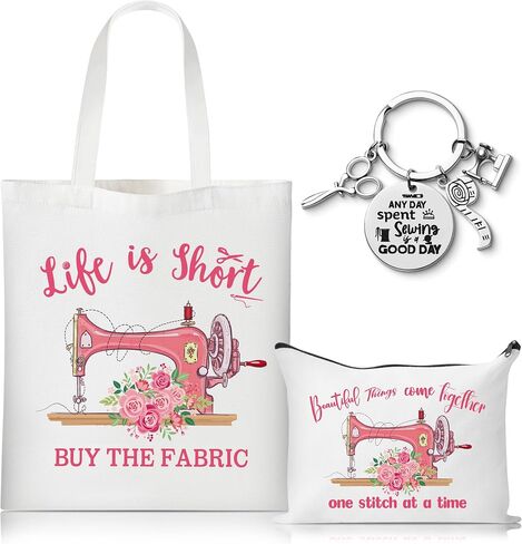3Pcs Sewing Tote Bag Canvas Bag with Keychain, Funny Quilting Sewing Gifts for Seamstress Women Sewing Lovers Mom, Sewing Cosmetic Bag Organizer Makeup Pouch Sew Machine Themed Mother’s Day Gift in Saudi Arabia