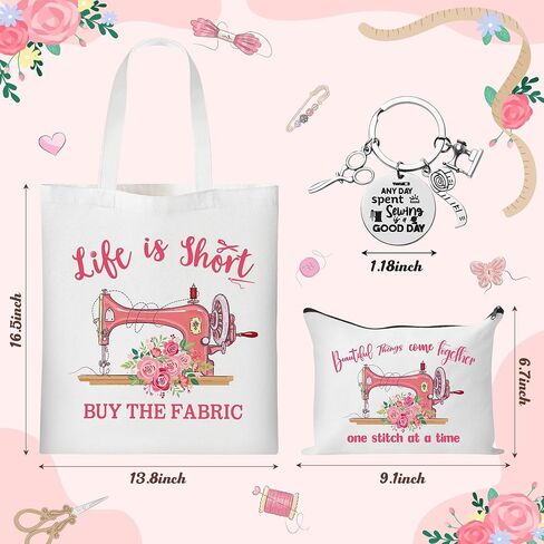3Pcs Sewing Tote Bag Canvas Bag with Keychain, Funny Quilting Sewing Gifts for Seamstress Women Sewing Lovers Mom, Sewing Cosmetic Bag Organizer Makeup Pouch Sew Machine Themed Mother’s Day Gift in Saudi Arabia