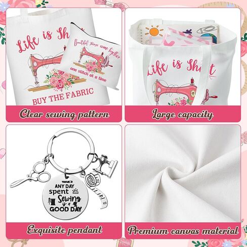 3Pcs Sewing Tote Bag Canvas Bag with Keychain, Funny Quilting Sewing Gifts for Seamstress Women Sewing Lovers Mom, Sewing Cosmetic Bag Organizer Makeup Pouch Sew Machine Themed Mother’s Day Gift in Saudi Arabia