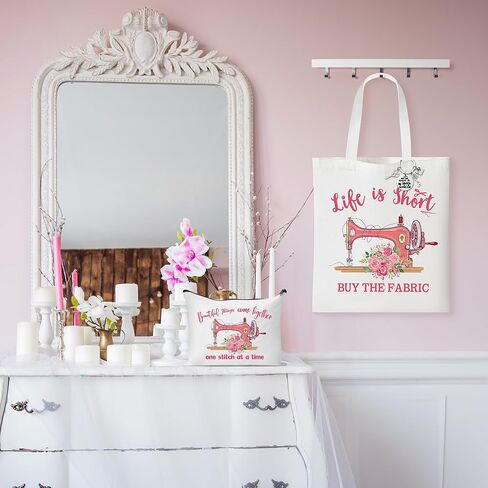 3Pcs Sewing Tote Bag Canvas Bag with Keychain, Funny Quilting Sewing Gifts for Seamstress Women Sewing Lovers Mom, Sewing Cosmetic Bag Organizer Makeup Pouch Sew Machine Themed Mother’s Day Gift in Saudi Arabia