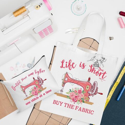 3Pcs Sewing Tote Bag Canvas Bag with Keychain, Funny Quilting Sewing Gifts for Seamstress Women Sewing Lovers Mom, Sewing Cosmetic Bag Organizer Makeup Pouch Sew Machine Themed Mother’s Day Gift in Saudi Arabia