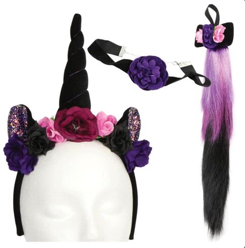 مجموعة أزياء Nikki's Knick Knacks Dark Unicorn - زي مخلوق Mystical Zombie Unicorn - عصابة رأس وقلادة وذيل in Kuwait