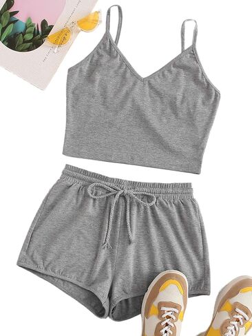 SweatyRocks Women's Suit Two Piece Outfits Sleeveless Crop Cami Top and Shorts Set in Saudi Arabia