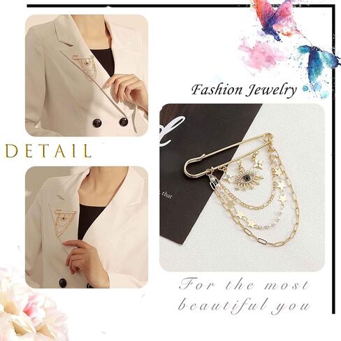 Crystal Eye Brooch Pin Multi-layer Hanging Chain Lapel Pin Elegance CZ Evil Eye Star Charm Brooch Lucky Devil Eye Tassel Pin Wedding Bouquet Badge Jewelry for Women Men in Saudi Arabia