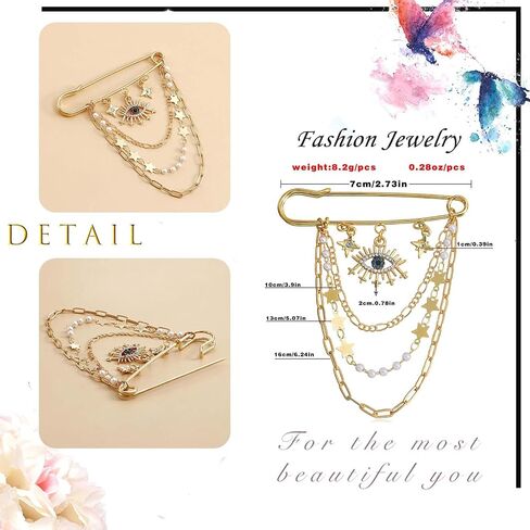 Crystal Eye Brooch Pin Multi-layer Hanging Chain Lapel Pin Elegance CZ Evil Eye Star Charm Brooch Lucky Devil Eye Tassel Pin Wedding Bouquet Badge Jewelry for Women Men in Saudi Arabia