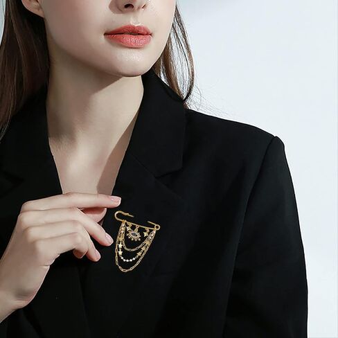 Crystal Eye Brooch Pin Multi-layer Hanging Chain Lapel Pin Elegance CZ Evil Eye Star Charm Brooch Lucky Devil Eye Tassel Pin Wedding Bouquet Badge Jewelry for Women Men in Saudi Arabia