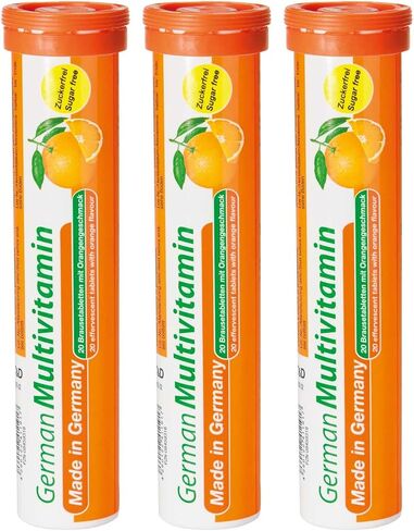 T&D German Multivitamin Drink Effervescnet Tablets 60 Servings Orange Flavour - Vitamin C, E, B1, B2, B6, B12, Biotin, Folic Acid, Niacin, Pantothenic Acid Pharma – Made in Germany in Saudi Arabia