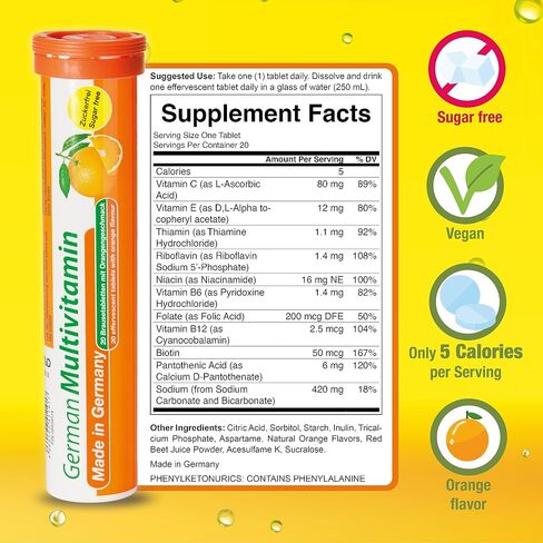 T&D German Multivitamin Drink Effervescnet Tablets 60 Servings Orange Flavour - Vitamin C, E, B1, B2, B6, B12, Biotin, Folic Acid, Niacin, Pantothenic Acid Pharma – Made in Germany in Saudi Arabia