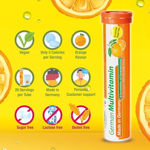 T&D German Multivitamin Drink Effervescnet Tablets 60 Servings Orange Flavour - Vitamin C, E, B1, B2, B6, B12, Biotin, Folic Acid, Niacin, Pantothenic Acid Pharma – Made in Germany in Saudi Arabia