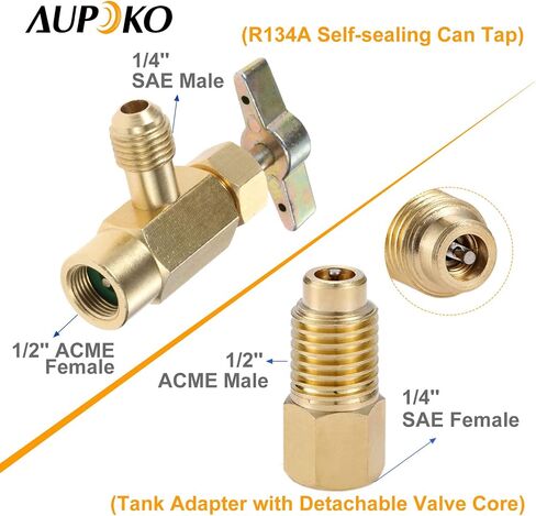 يمكن الاستفادة من Aupoko R134A ذاتي الختم مع محول خزان R134A ومزيل قلب الصمام، موزع مبرد صمام SAE 1/4 بوصة مع محول ذكر 1/4 بوصة أنثى و1/2 بوصة، لمشعب مكيف الهواء in Kuwait