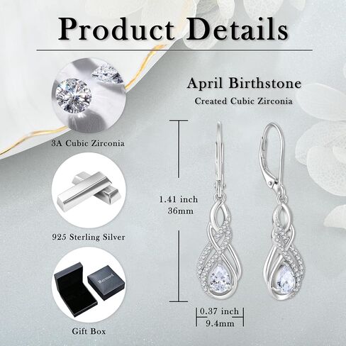 925 Sterling Silver Infinity Leverback Earrings for Womens, Twisted Teardrop Birthstone Earrings, Dangle Drop Irish Celtic Jewelry for Women in Saudi Arabia
