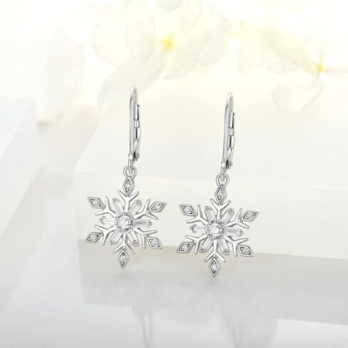JO WISDOM Snowflake Earrings,925 Sterling Silver White 5A Cubic Zirconia Snowflake Leverback Earrings Drop & Dangle Earrings,Christmas Jewelry Gift for Women in Kuwait