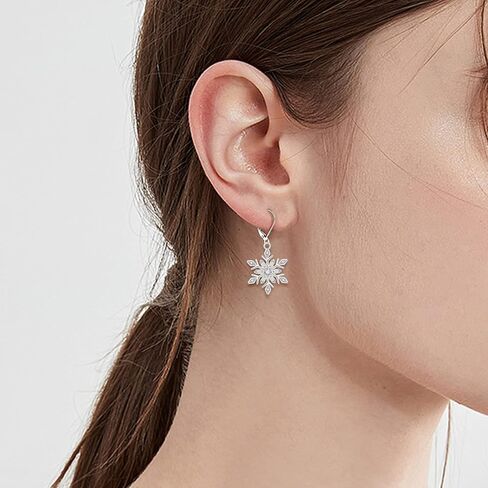 JO WISDOM Snowflake Earrings,925 Sterling Silver White 5A Cubic Zirconia Snowflake Leverback Earrings Drop & Dangle Earrings,Christmas Jewelry Gift for Women in Kuwait