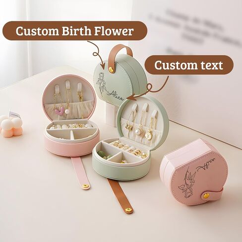 Personalized Travel Jewelry Case, Custom Leather Customized Jewelry Organizer Box w/Name & Birth Flower Month - Birthday Gifts for Women Mom Jewelry Travel Case in Saudi Arabia