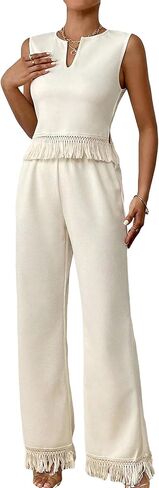 Women's 2 Piece Outfits Notched Neckline Fringe Trim Tank Top with Wide Leg Pants Sets Apricot Small in Saudi Arabia