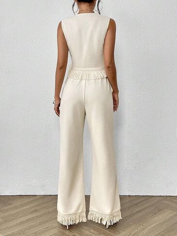 Women's 2 Piece Outfits Notched Neckline Fringe Trim Tank Top with Wide Leg Pants Sets Apricot Small in Saudi Arabia