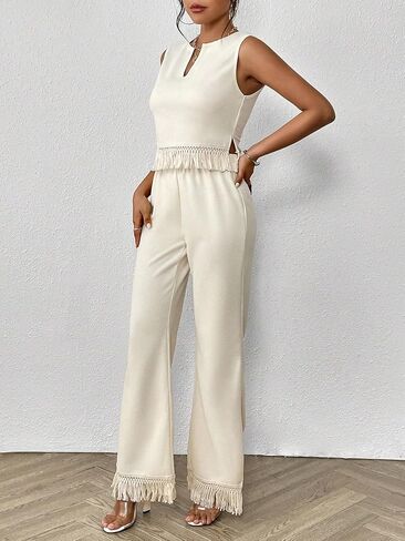 Women's 2 Piece Outfits Notched Neckline Fringe Trim Tank Top with Wide Leg Pants Sets Apricot Small in Saudi Arabia