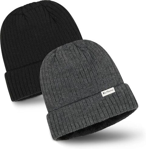 Ben Sherman Plush-Line Rib Knit Mens Hats - Cuffed Winter Hat with Fur Lining - 2 Pack Warm Beanie Hat in Saudi Arabia