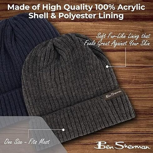 Ben Sherman Plush-Line Rib Knit Mens Hats - Cuffed Winter Hat with Fur Lining - 2 Pack Warm Beanie Hat in Saudi Arabia