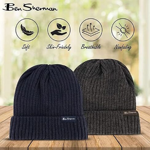 Ben Sherman Plush-Line Rib Knit Mens Hats - Cuffed Winter Hat with Fur Lining - 2 Pack Warm Beanie Hat in Saudi Arabia