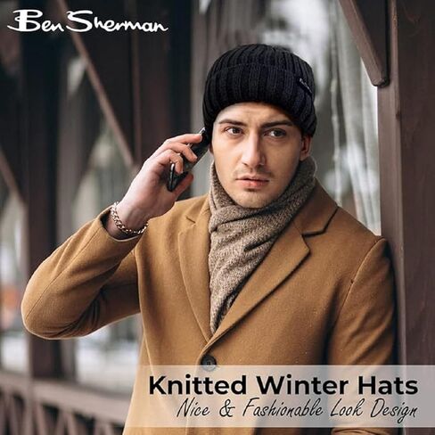 Ben Sherman Plush-Line Rib Knit Mens Hats - Cuffed Winter Hat with Fur Lining - 2 Pack Warm Beanie Hat in Saudi Arabia
