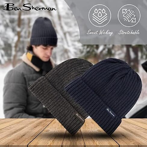 Ben Sherman Plush-Line Rib Knit Mens Hats - Cuffed Winter Hat with Fur Lining - 2 Pack Warm Beanie Hat in Saudi Arabia